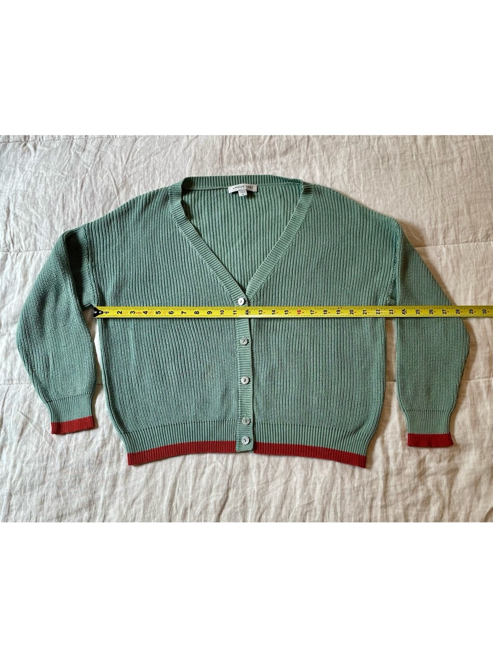Amour Vert Cardigan V-Neck Button Front Mineral Green Red Organic Cotton M - Picture 8 of 11